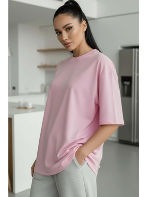 Millionaire Açık Pembe Basic Düz Baskısız Oversize Salas Boyfriend Kadın T-Shirt