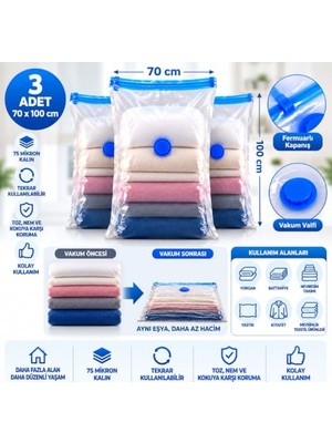 Bomii 3 Adet Büyük Boy (70 cm x 100 Cm) Vakumlu Poşet - Yorgan, Nevresim Saklama Poşeti, Battaniye