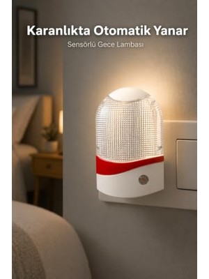 Bomii Sensörlü Gece Lambası, Priz Tipi, Otomatik Işık, Led, Beyaz, Kırmızı