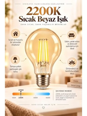 Marmara Avm A60 Dimmerli Rustik Gün Işığı 2200K Amber LED Ampul Filament E27 Duylu Filamanlı Edison Ampül
