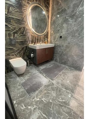 Marmara Avm 2'li Yıkanabilir Kaymaz Taban Post Banyo Halısı, 50 x 60 Cm, Gri, Peluş Halı Klozet Takımı