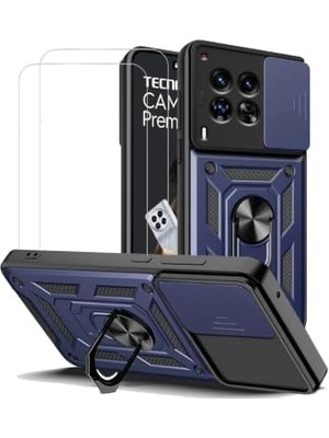 Bomii Tecno Camon 30 ile Uyumlu Kaze Tora Kamera Korumalı Sürgülü Yüzüklü Armor Military Tank Kızaklı Kılıf Kapak - Lacivert