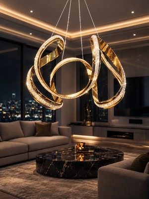 Markatech Deluxe Cristalya Serisi Gold Kaplamalı Kalın Çizgili Sarkıt 3 Renk Ledli Avize