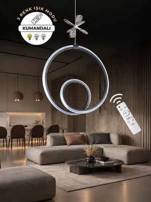Markatech Yakamoz Siyah Krom Çizgi ve Kelebek Dekorlu Kumandalı Dimmerli 3 Renk LED Sarkıt Avize