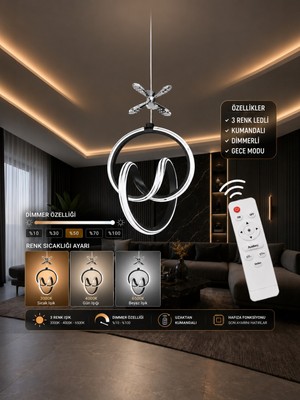 Markatech Yaren Siyah Krom Çizgi ve Kelebek Dekorlu Kumandalı Dimmerli 3 Renk LED Sarkıt Avize