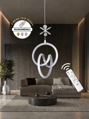 Markatech Yaren Gri Krom Çizgi ve Kelebek Dekorlu Kumandalı Dimmerli 3 Renk LED Sarkıt Avize