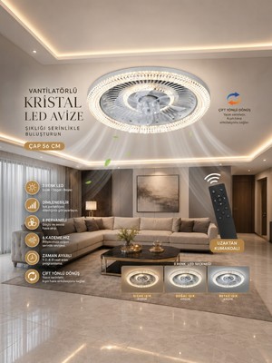 Markatech Ossa Kristalli Kumandalı Vantilatörlü LED Avize, Bakır Motorlu