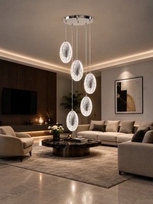 Markatech Elmas Krom Modern 5'li Sarkıt Kumandalı Dimmerli 3 Renk Ledli Avize