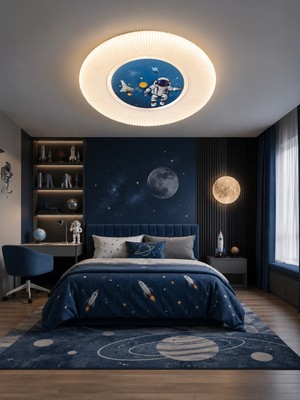 Markatech Astronot Çocuk Odası Plafonyer Kumandalı Dimmerli Gece Modlu 3 Renk Ledli Avize - Çap 50 cm