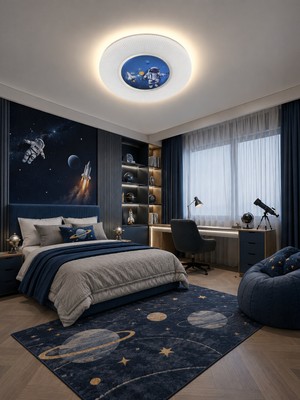Markatech Astronot Çocuk Odası Plafonyer Kumandalı Dimmerli Gece Modlu 3 Renk Ledli Avize - Çap 40 cm