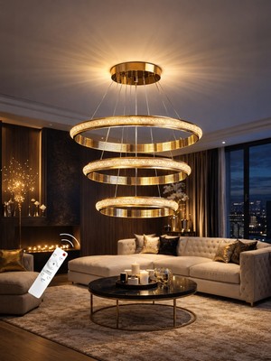Markatech Ottoman Cristalya Gold Kaplama Kalın Çizgili Kumandalı Dimmerli 3 Renk LED Sarkıt Avize, Çap 50 cm