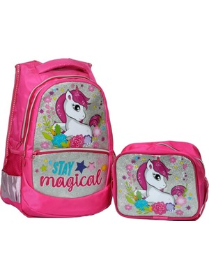 Tahticmer Ilkokul Okul Sırt Çantası Kız Beslenme Çantalı Ortopedik 2li Set At Model Unicorn Fuşya