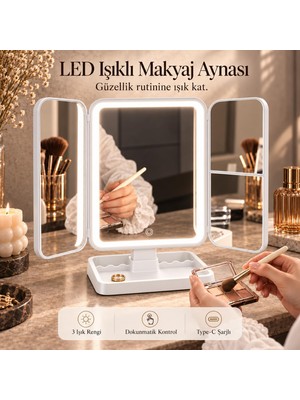 LED Işıklı Makyaj Aynası 3 Renk Dokunmatik 2x Büyüteçli Type-C Şarjlı Katlanabilir Üç Kanatlı Masaüstü Baklava Desenli Ayarlanabilir Başlıklı Beyaz Standlı ve Bölmeli Aksesuar Hazneli Beyaz