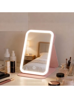 LED Işıklı Katlanabilir Makyaj Aynası - 3 Renk Işık Modlu, Dokunmatik ve Ayarlanabilir Parlaklık (Kısılabilir) - Kılıflı Taşınabilir Seyahat Boy - Masaüstü Kozmetik Aynası (Pembe)