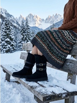 Shoetek Vellor Kadın Çizme Kemer Tokalı Içi Kürklü Hakiki Deri Süet Siyah