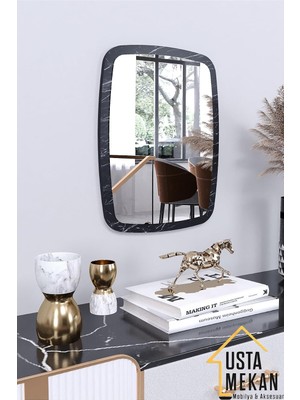 Tr Siyah Mermer Desen Dekoratif Yuvarlak Kenar Büyük Antre Hol Koridor Duvar Salon Wc Ofis Aynası 60 cm Renk 60 x 45