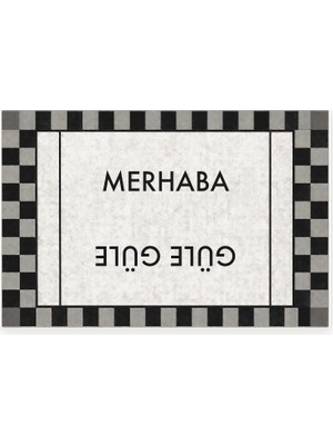 Tr Merhaba Güle Güle Damalı Kapı Paspası, Kaymaz Kauçuk Taban, Makinede Yıkanabilir, Dijital Baskılı Kapı Önü ve Antre Paspası, Siyah Beyaz, 60X90 cm
