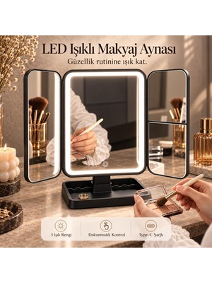 Tr LED Işıklı Makyaj Aynası 3 Renk Dokunmatik 2x Büyüteçli Type-C Şarjlı Katlanabilir Üç Kanatlı Masaüstü Baklava Desenli Ayarlanabilir Başlıklı Standlı ve Bölmeli Aksesuar Hazneli Siyah