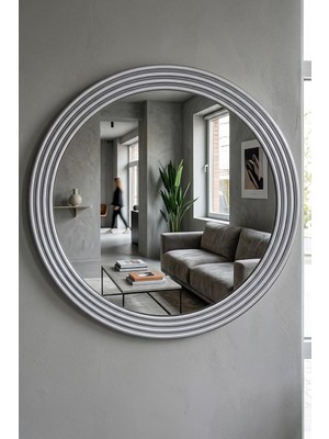 Tr Zümrüt Gümüş Dekoratif Ayna Yuvarlak Ayna Işlemeli Ahşap Duvar Aynası Tekli (31CM Ayna - 43CM Çerçeve)
