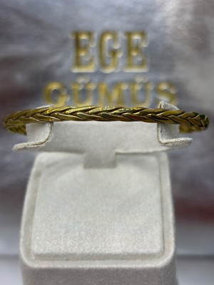 Ege Gümüş 925 Ayar Gümüş Gold Kaplama Örgü Dokulu Kelepçe Bilezik