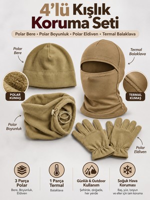 Comutan 4lü Haki Polar Bere-Boyunluk-Eldiven-Balaklava Seti
