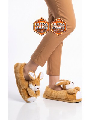 Akınalbella Sıcak Tutan Tavşan Desenli Camel Unisex Ev Terliğ Panduf  H025.Z.0000