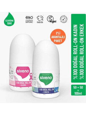 Siveno %100 Doğal Roll On Kadın & Erkek Deodorant Ter Kokusu Önleyici Bitkisel Lekesiz Vegan 50 ml Set