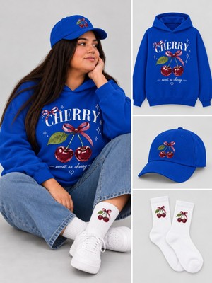 Hai Collection Haı Collectıon Kapüşonlu Oversize Sweatshirt Mavi Şapka Çorap 3'lü Set Unisex