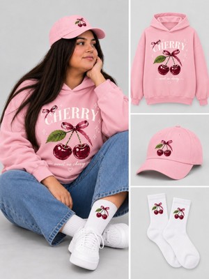 Hai Collection Haı Collectıon Kapüşonlu Oversize Sweatshirt Pembe Şapka Çorap 3'lü Set Unisex
