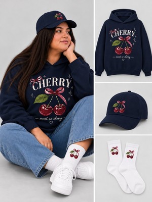 Hai Collection Haı Collectıon Kapüşonlu Oversize Sweatshirt Lacivert Şapka Çorap 3'lü Set Unisex