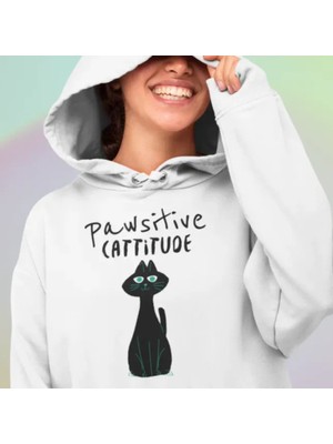 Hai Collection Haı Collectıon Kedi Baskılı Kapüşonlu Sweatshirt Beyaz Oversize Unisex Hoodie