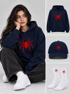 Hai Collection Haı Collectıon Kapüşonlu Oversize Sweatshirt Lacivert Unisex 3'lü Set Şapka Çorap