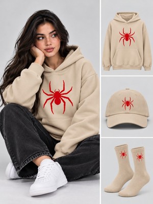 Hai Collection Haı Collectıon Kapüşonlu Oversize Sweatshirt Bej Unisex 3'lü Set Şapka Çorap
