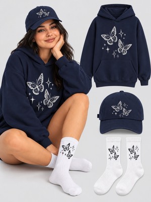 Hai Collection Haı Collectıon Kapüşonlu Oversize Sweatshirt Lacivert 3'lü Set Şapka Çorap Unisex