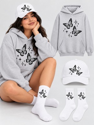 Hai Collection Haı Collectıon Kapüşonlu Oversize Sweatshirt Gri 3'lü Set Şapka Çorap Unisex