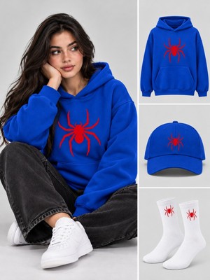 Hai Collection Haı Collectıon Kapüşonlu Oversize Sweatshirt Mavi Unisex 3'lü Set Şapka Çorap