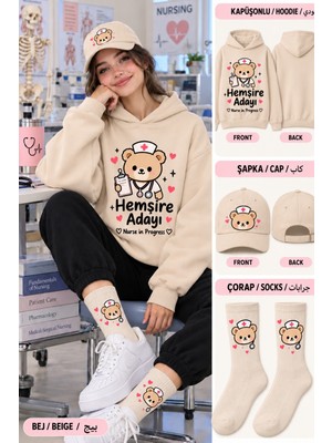 Hai Collection Haı Collectıon Unisex Kapüşonlu Oversize Sweatshirt Bej 3'lü Set Bere Çorap Hediyeli