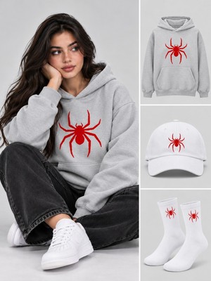 Hai Collection Haı Collectıon Kapüşonlu Oversize Sweatshirt Gri Unisex 3'lü Set Şapka Çorap