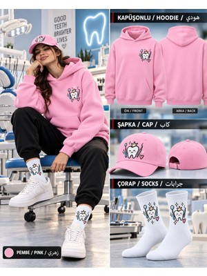 Hai Collection Haı Collectıon Kapüşonlu Oversize Sweatshirt Pembe Unisex 3'lü Set Şapka Çorap
