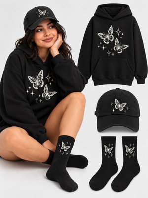 Hai Collection Haı Collectıon Kapüşonlu Oversize Sweatshirt Siyah 3'lü Set Şapka Çorap Unisex