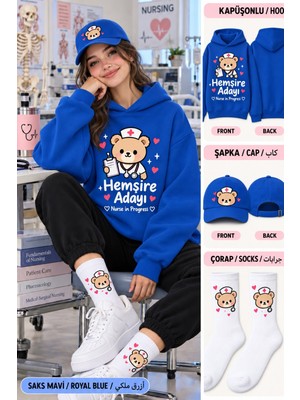 Hai Collection Haı Collectıon Unisex Kapüşonlu Oversize Sweatshirt Mavi 3'lü Set Bere Çorap Hediyeli
