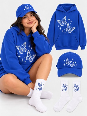 Hai Collection Haı Collectıon Kapüşonlu Oversize Sweatshirt Mavi 3'lü Set Şapka Çorap Unisex