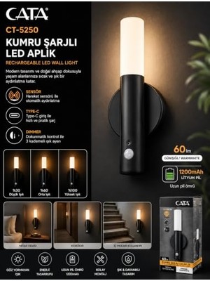 Ceylan Adam Cata CT-5250 Kumru Şarjlı LED Duvar Aplik Günışığı (Siyah Görünümlü)