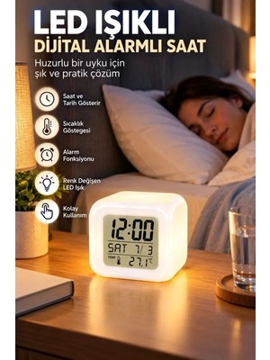 Royaleks If Dekoratif Küp Saat LED Işıklı Dijital Saat Alarm ve Sıcaklık Özellikli