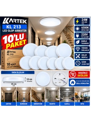 10'lu Paket Kartek Kl 213 24W LED Glop Armatür 35 cm 6500K Beyaz Işık 220V Sensörsüz Sıva Üstü Yuvarlak Tavan Lambası