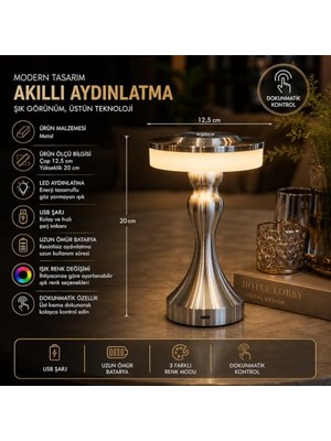 Ceylan Adam Masa Lambası, Karyatid Gümüş Krom Akıllı Şarjlı Kablosuz Dokunmatik Kafe Otel Ofis Tip Dekoratif LED