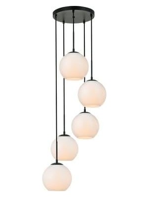 Ceylan Adam Metal Modern Siyah Retro Rustik Yuvarlak 5'li Opal Camlı Sarkıt Avize