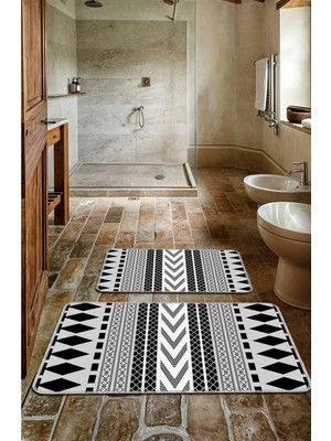 BigArts Home Dekoratif Modern Tasarım Kaymaz Taban Yıkanabilir Set Takım Siyah Beyaz Banyo Paspası 50X60-60X90 cm