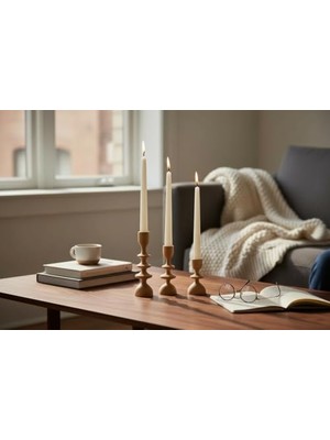 Ceylan Adam Heykelsi Ahşap Mumluklar - El Yapımı Kayın Ağacı Konik 3'lü Set Şamdan - Doğal Ahşap Yağı ile Kaplanmış - Mid-Century Modern Tasarım