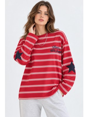 Mevese Kadın Oversize Paris Baskılı Çizgili Bisiklet Yaka Sweatshirt - Kırmızı
